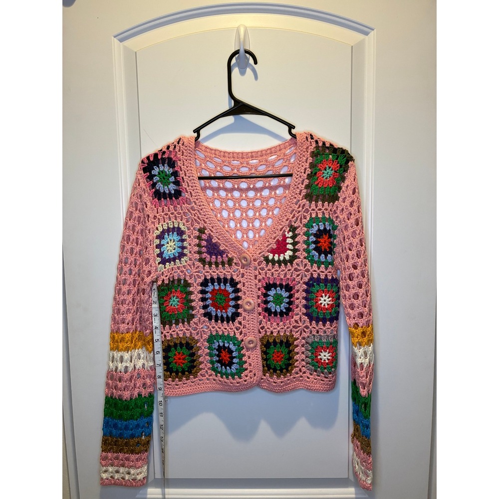 Pink Crotchet Vintage Cardigan Sweater with colorful block pattern Size XS-Small - Picture 3 of 3